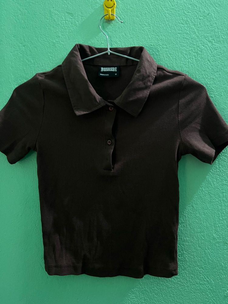 Brown Ribbed Polo Crop Top