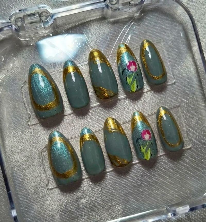 FREE DELIVERY Teal Chrome Press On Nails