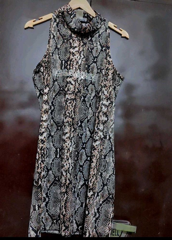 Snake Print Sleeveless Mock Neck Dress 36 Bust