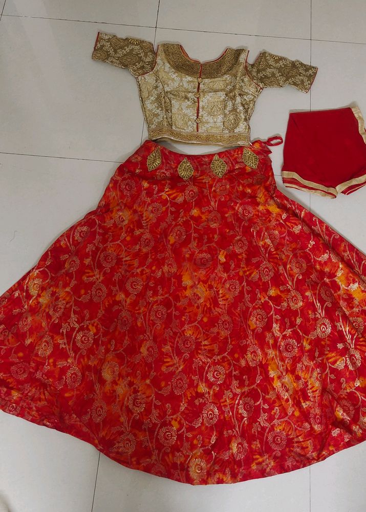 Golden Blouse With Red&amp;Mixed Orange Printed Lehnga