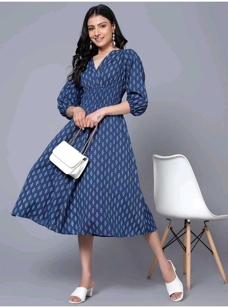 Elegant Blue Printed Midi Dress