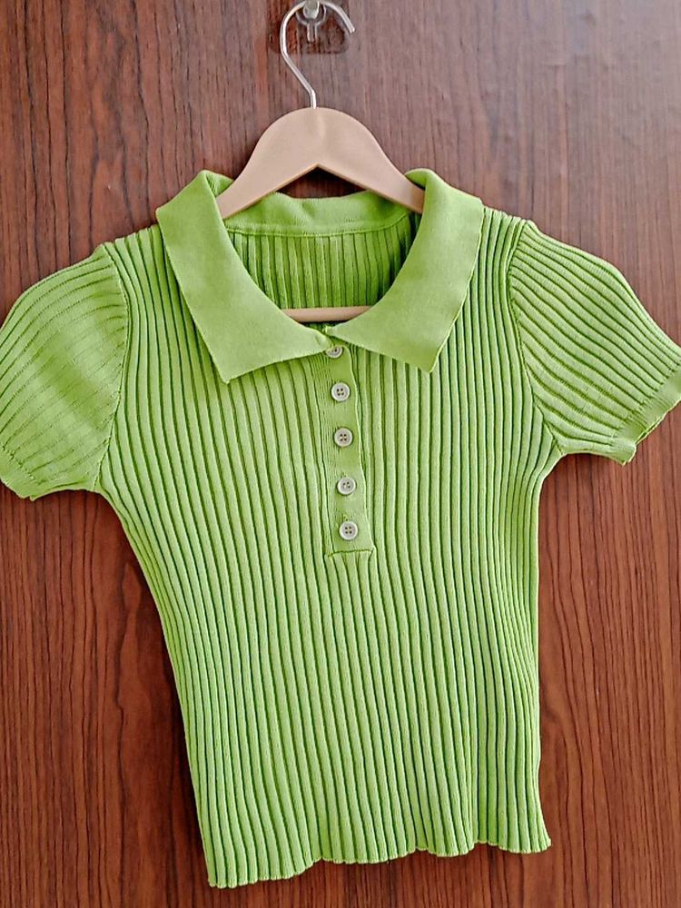 Lime Green Ribbed Polo Top