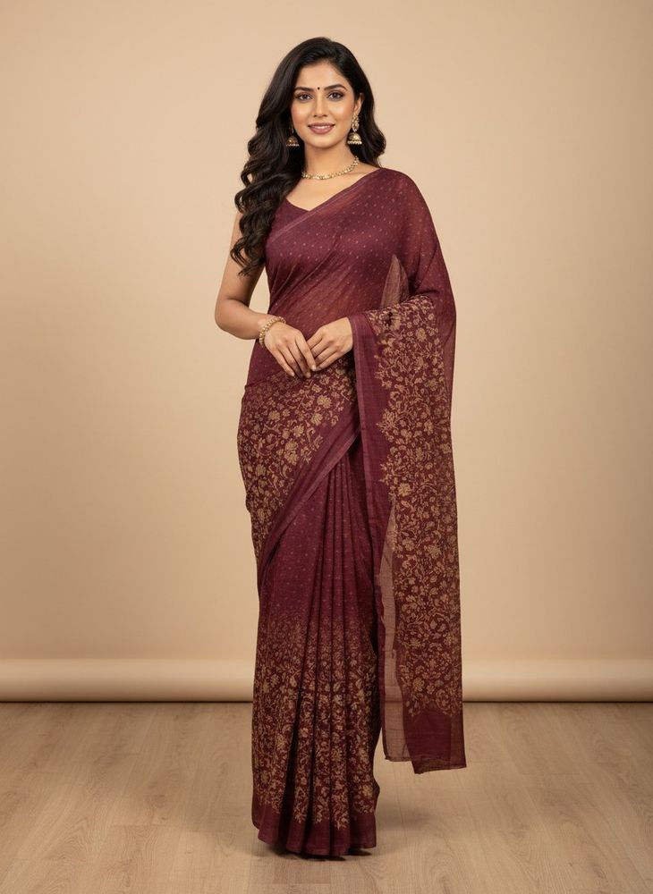 Elegant Floral Print Maroon pre stitch Saree