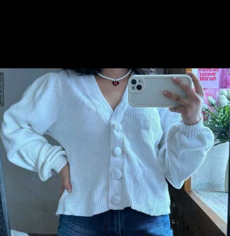 White Ribbed Cardigan with Balloon Sleeves