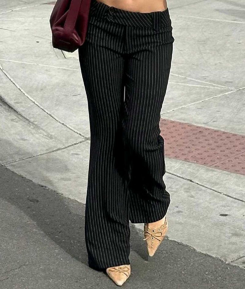 Chic Dark Pinstripe High-Waist Flare Pants