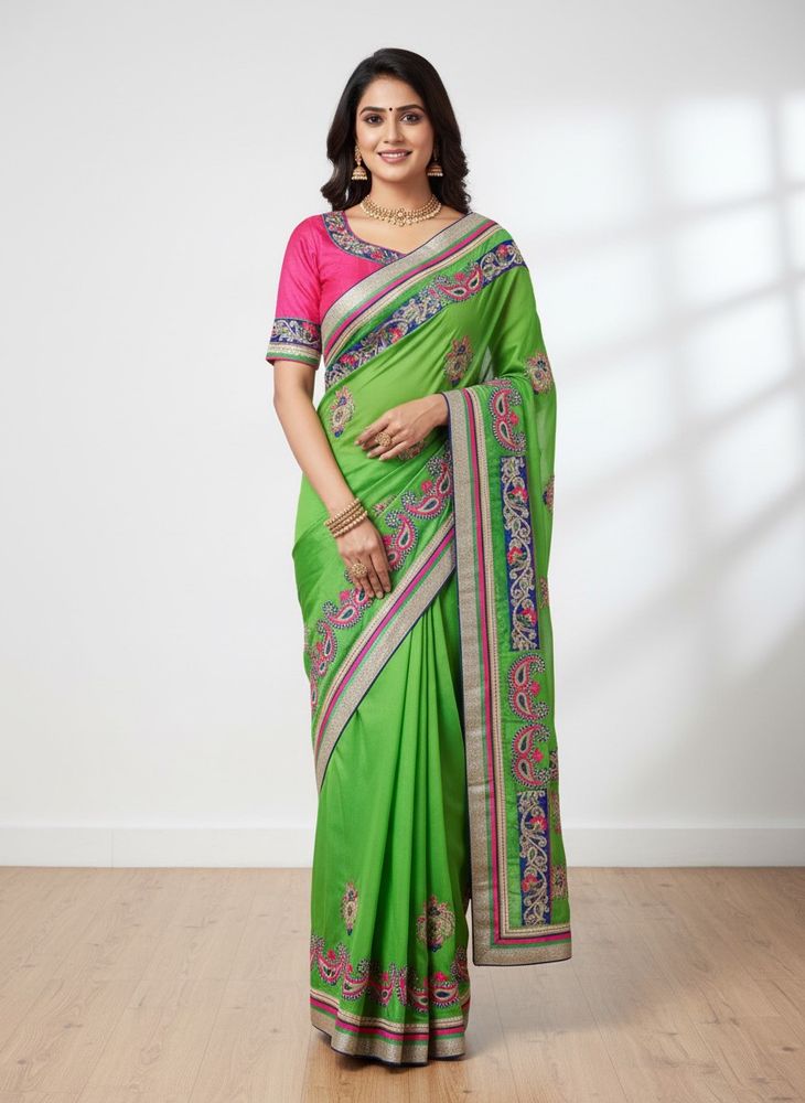 Vibrant Green Designer Saree with Pink Blouse