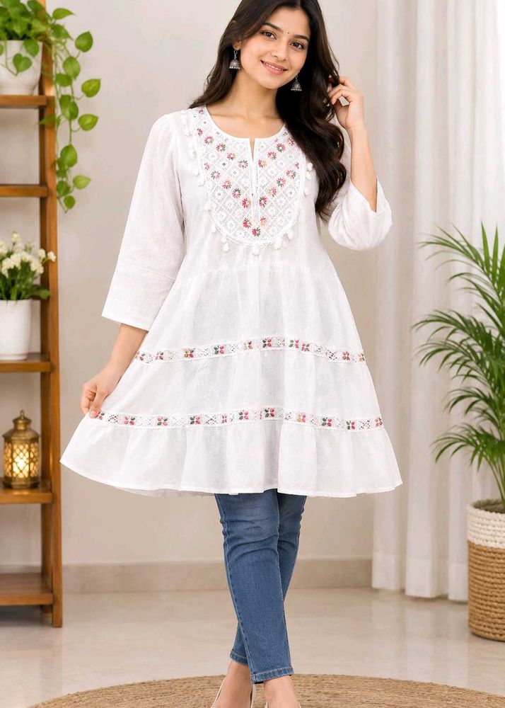 Embroidered White Cotton Kurta Frock
