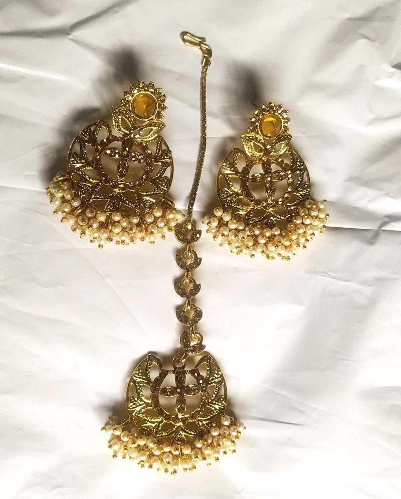 Golden Pearl Earring Tika Set