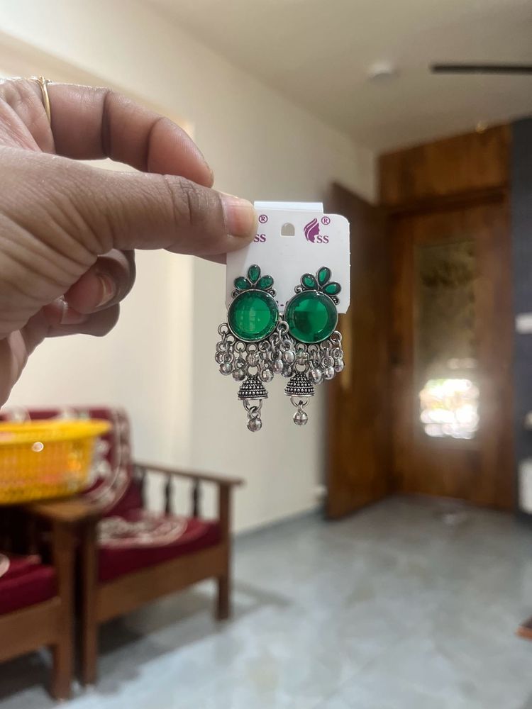Green Stone Jhumka Earrings