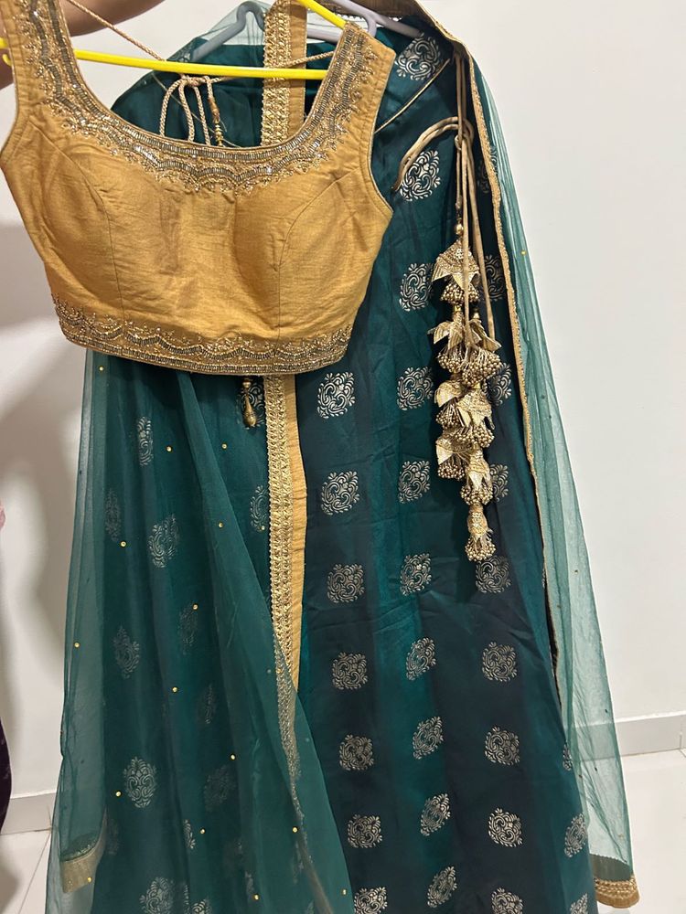 Dark Green &amp; Gold Ethnic Lehenga Set with Dupatta