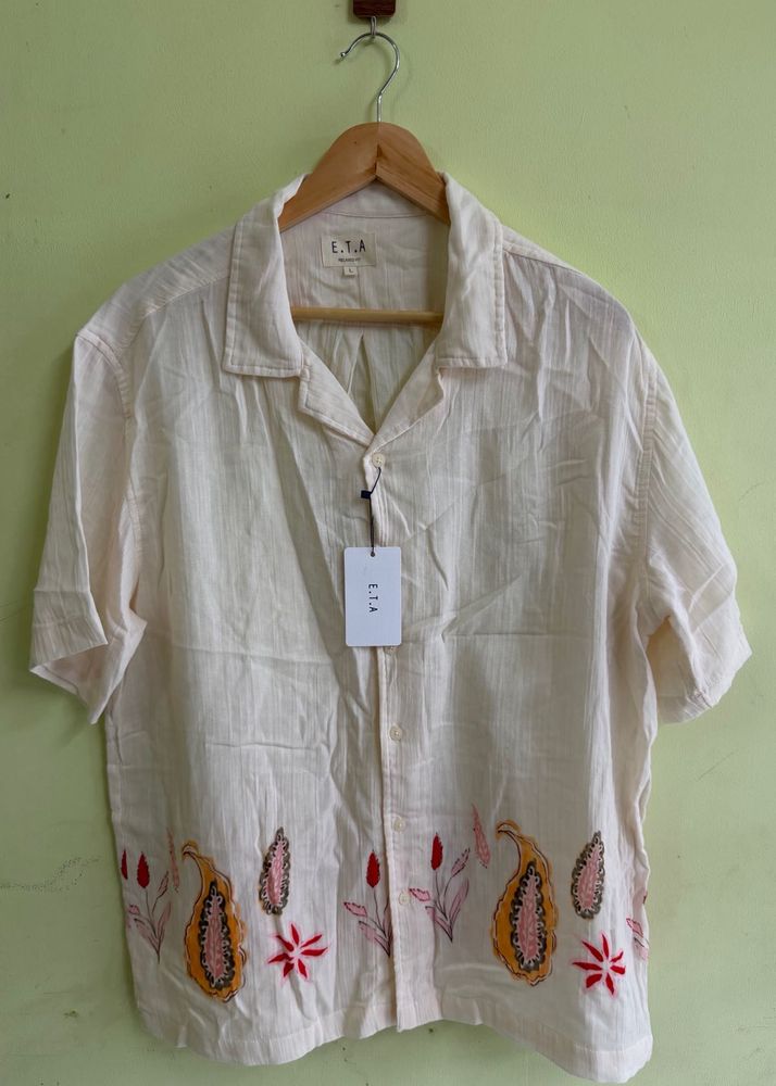 Men's Cream Embroidered Short Sleeve Shirt