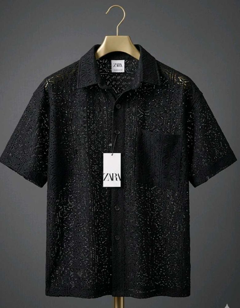 zara men's crochet texture shirt