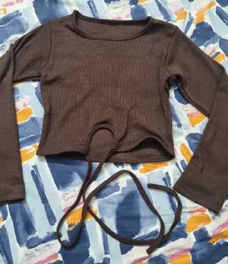 Brown Ribbed Tie-Front Cropped Top