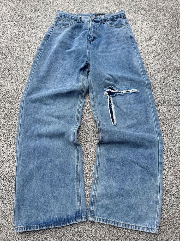 Distressed Wide Leg Blue Jeans