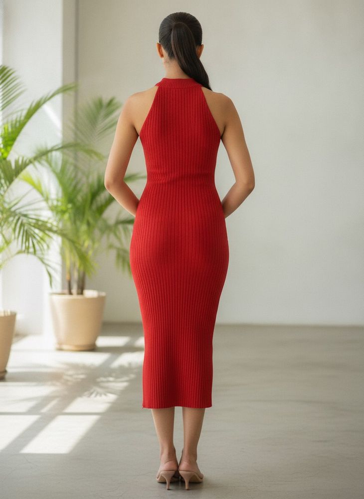 Red Ribbed Bodycon Dress