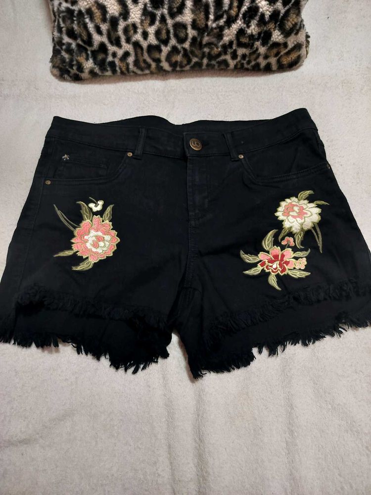 Black Embroidered Denim Shorts