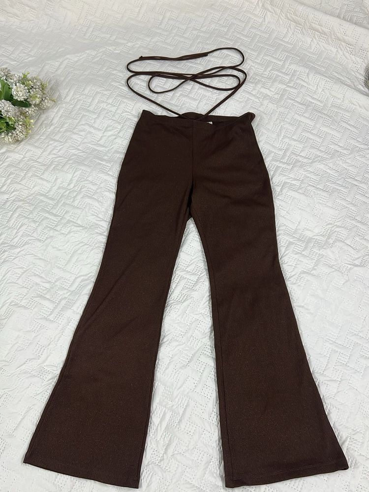 Brown Shimmer Flare Pants with Tie-Up De