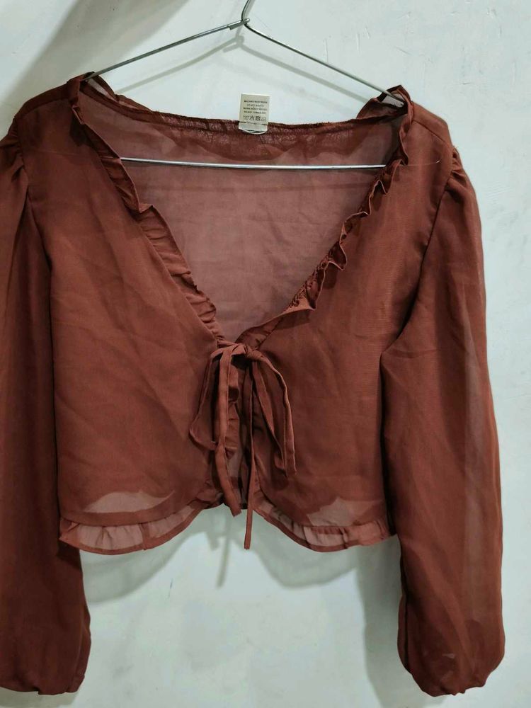 Sheer Brown Ruffle Tie-Front Top