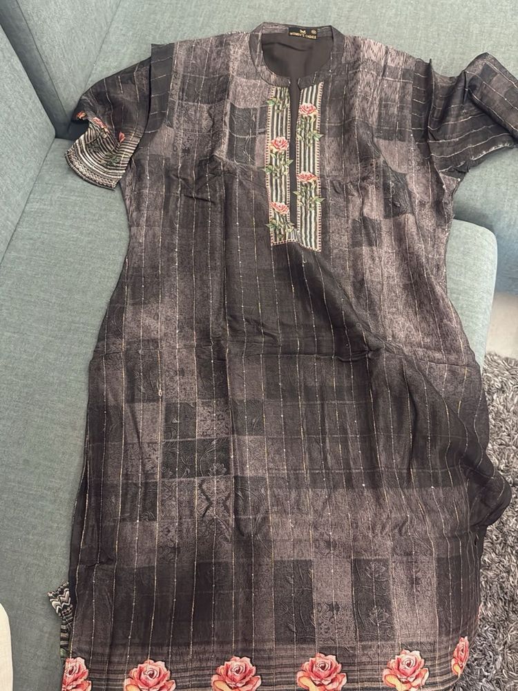 Charcol Gray Floral KPD Pure Crepe With Lining