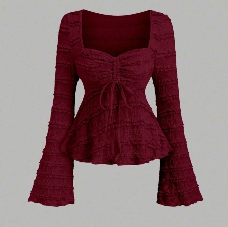Women's Red Ruffled Long Sleeve Top