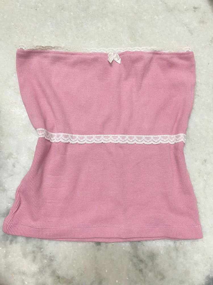 Cute Pink Lace Trim Tube Top