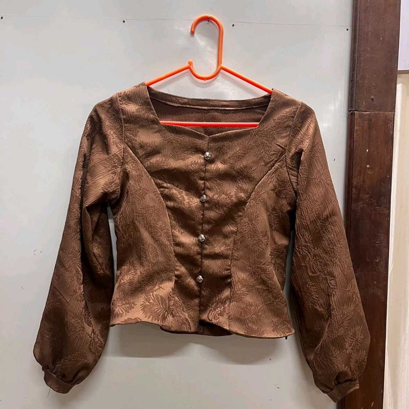 Brown Textured Puff Sleeve Blouse