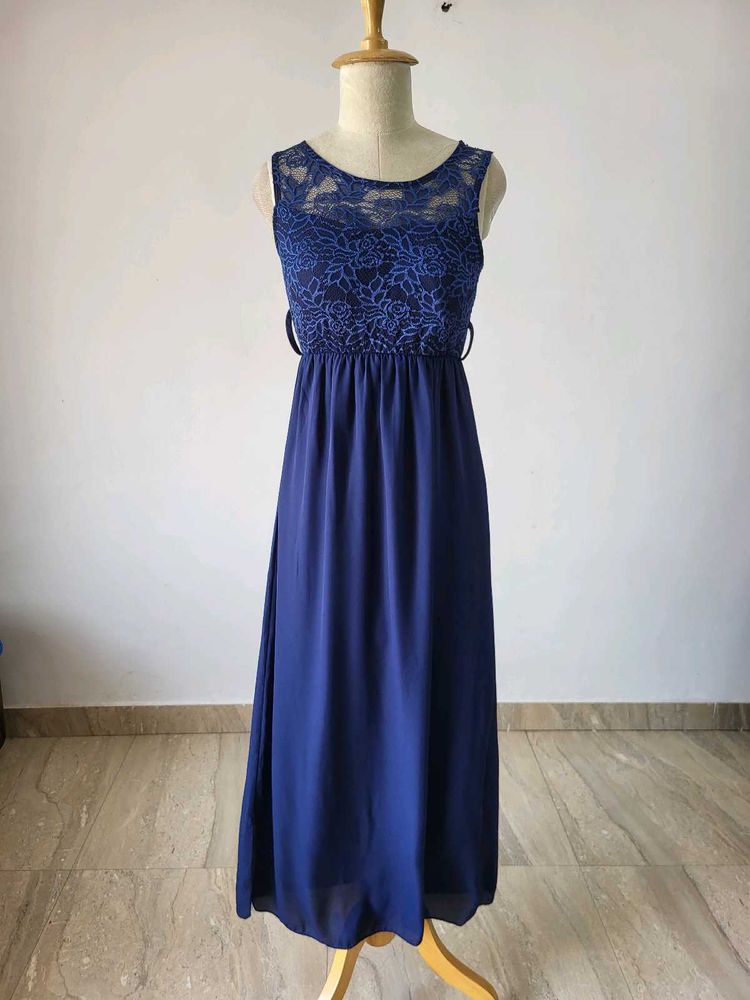 Elegant Navy Blue Lace Maxi Dress