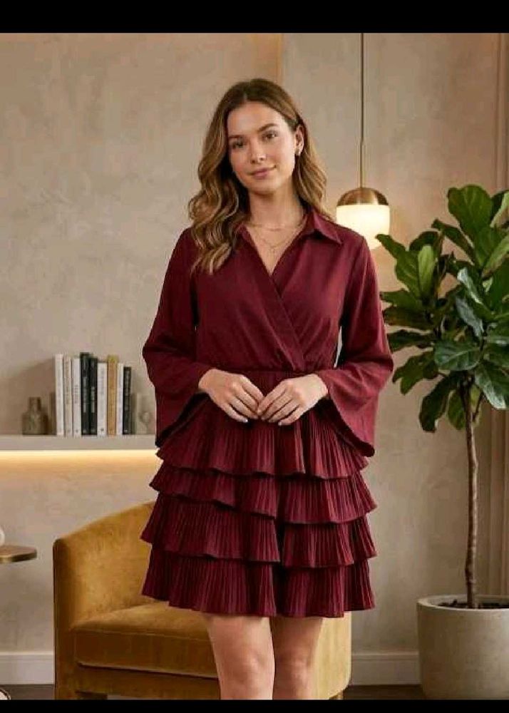 Maroon Ruffled Tiered Mini Dress