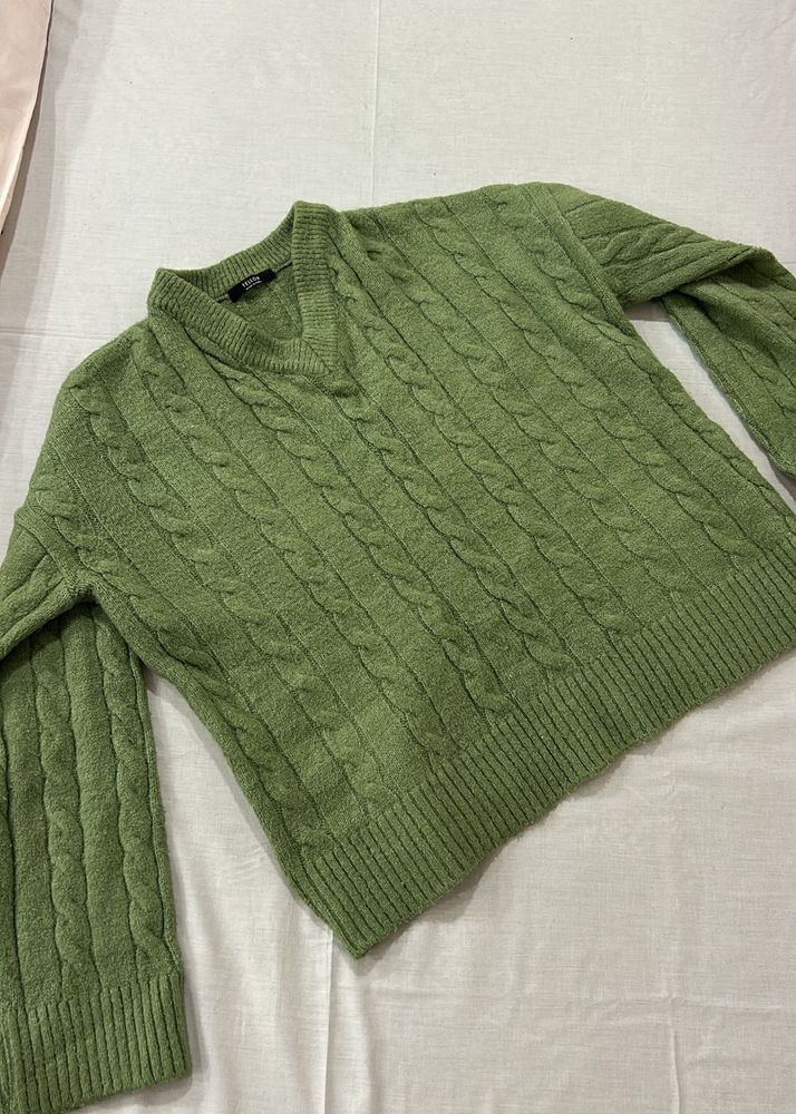 Green Cable Knit V-Neck Sweater