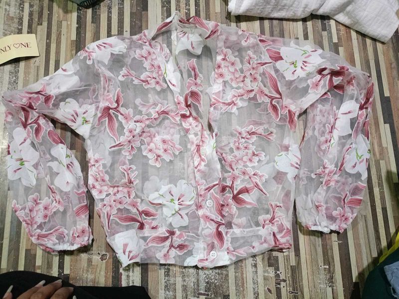 Sheer Floral Print Button-Up shirt