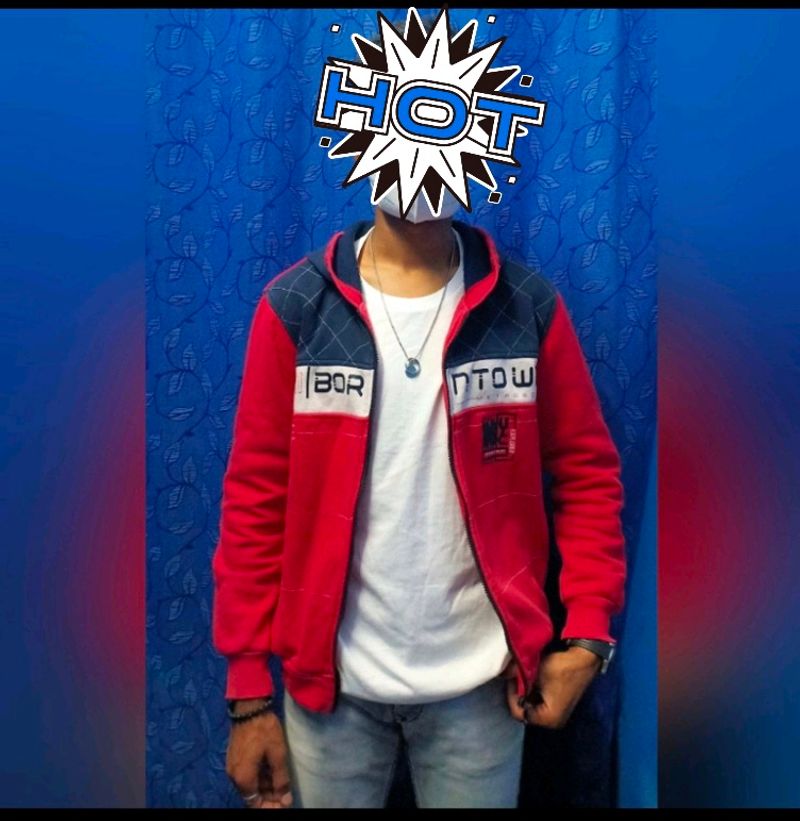 Red Colour Block Zipper Hoodie For Men Winter Wear