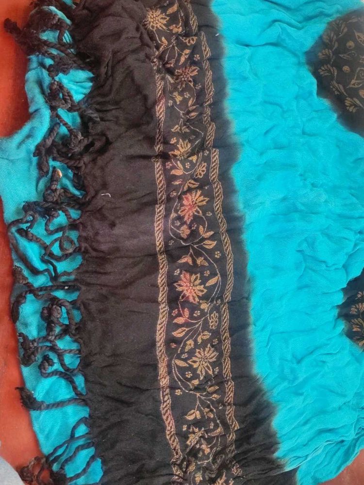 Blue &amp; Black Printed Dupatta with Tassels