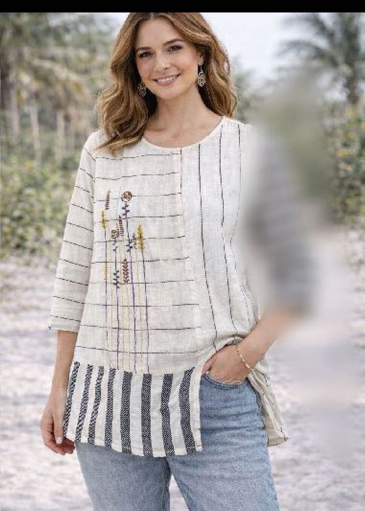 New unused,Boho Embroidered Linen Blend Tunic Top