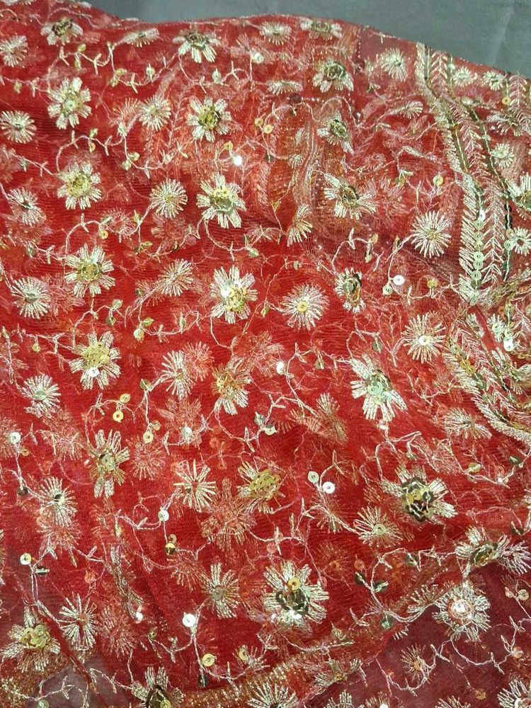 Red Embroidered Dupatta with Sequins