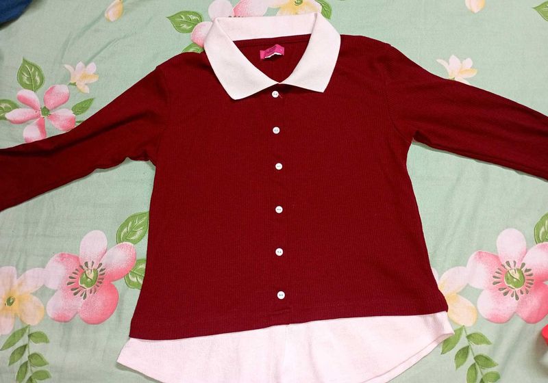 Maroon Collared Long Sleeve Top 👕✨