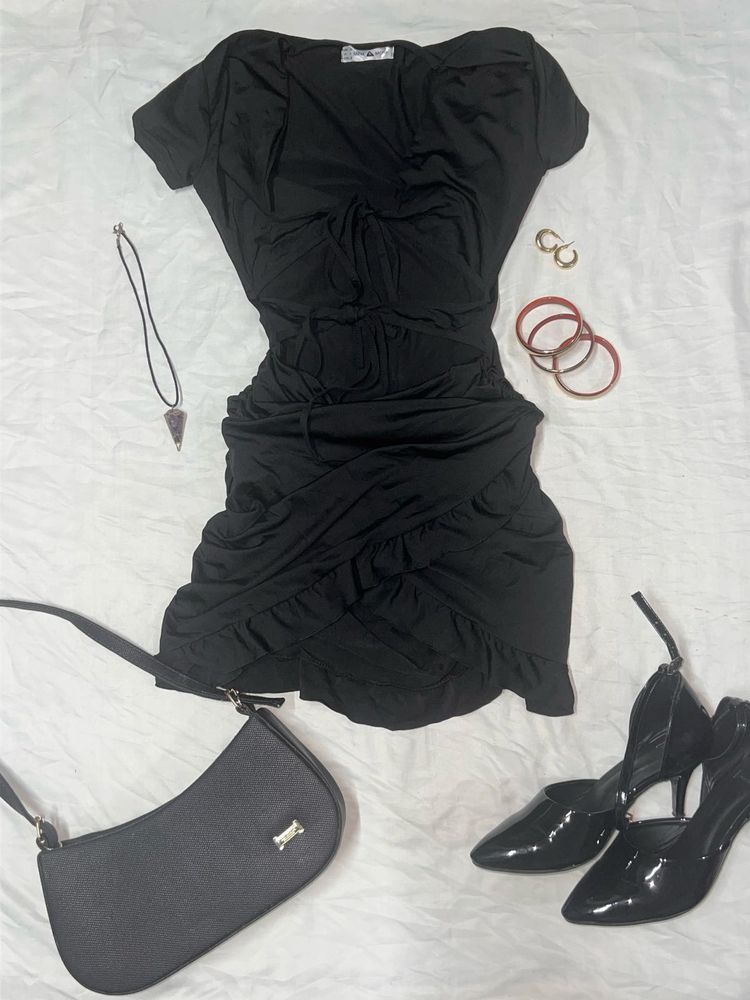Chic Black Ruched Mini Dress