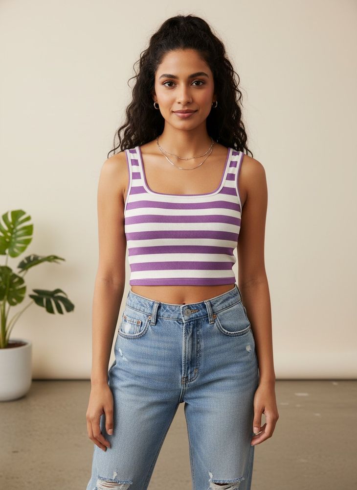Purple &amp; White Striped Crop Top
