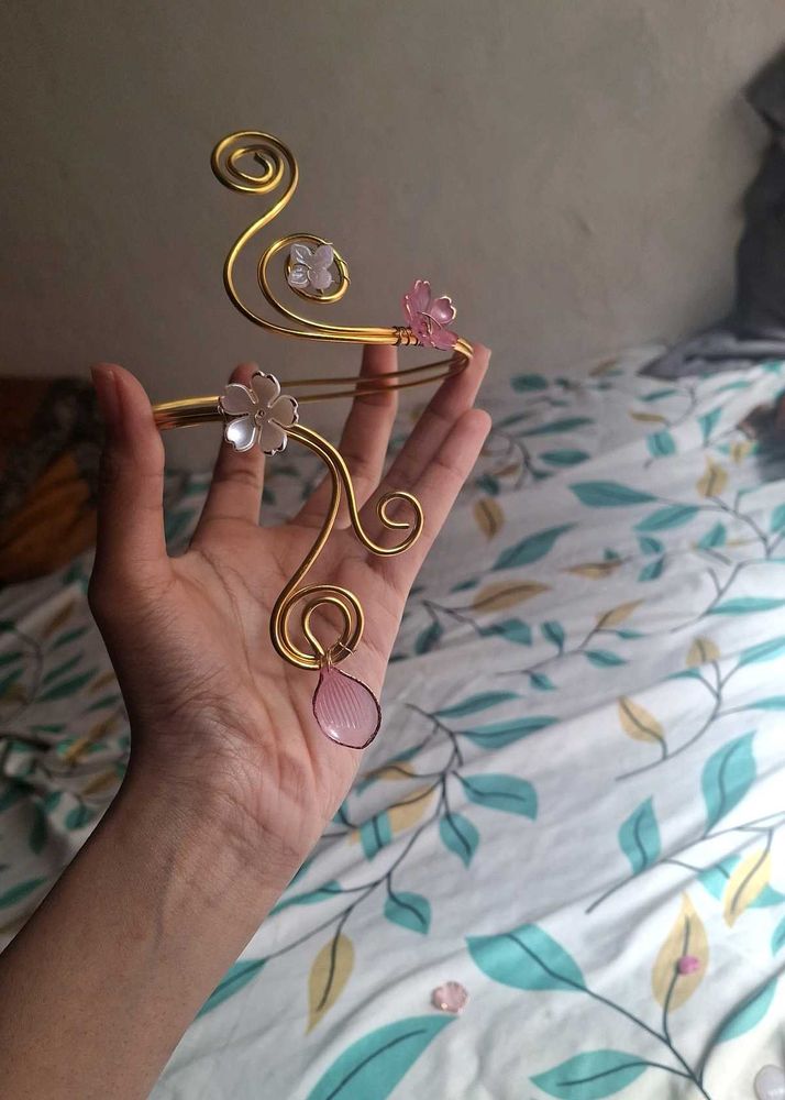 Handmade Boho Gold Arm Cuff with flower beads