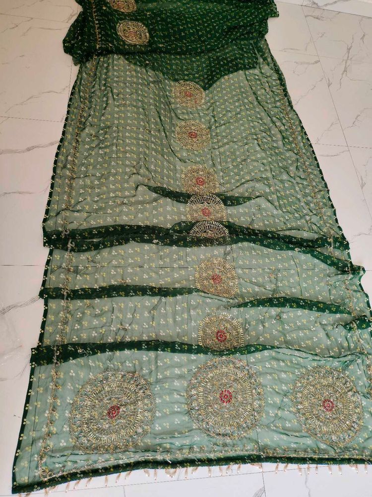 Embellished Green Bandhani saree