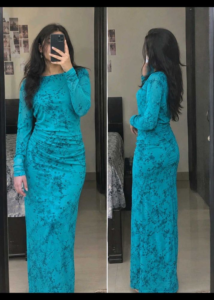Elegant Teal Maxi Dress with Ruched Detail