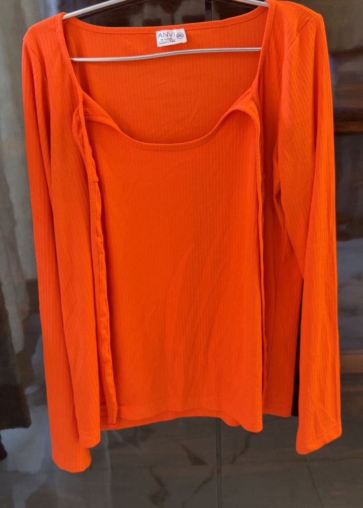 Bright Orange Ribbed Long Sleeve Top
