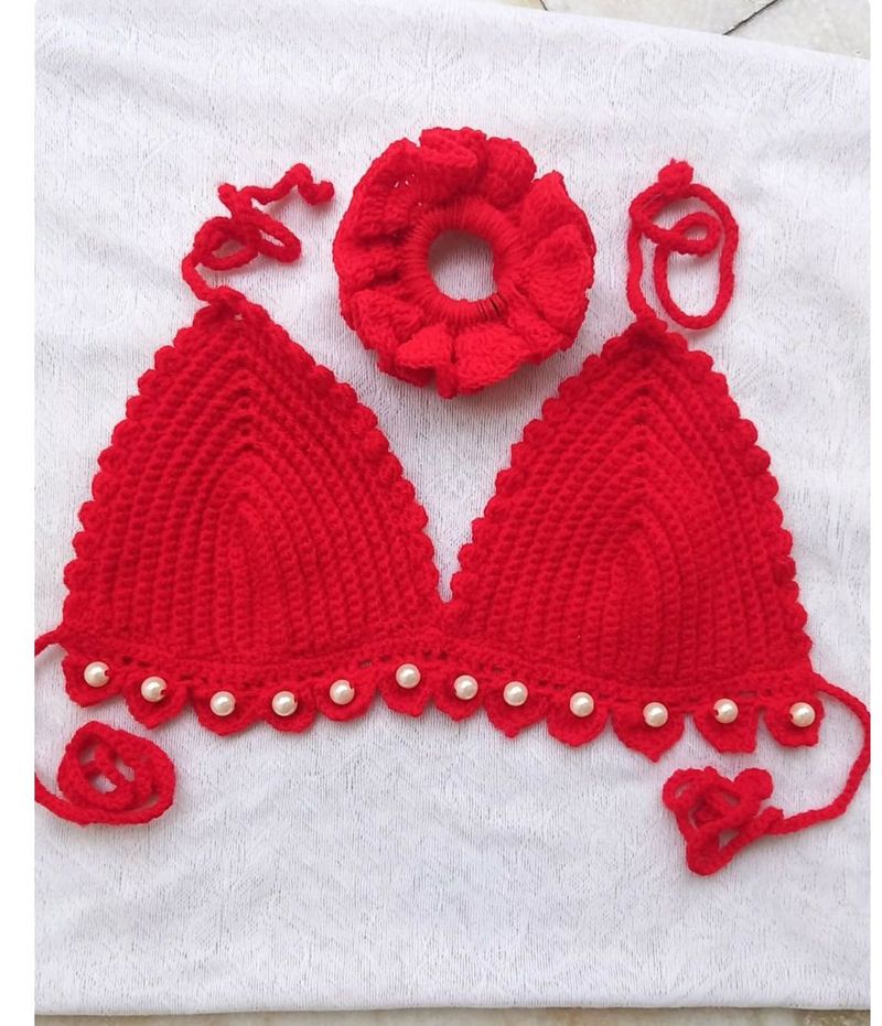 Red Crochet Bikini Top with scrunchie