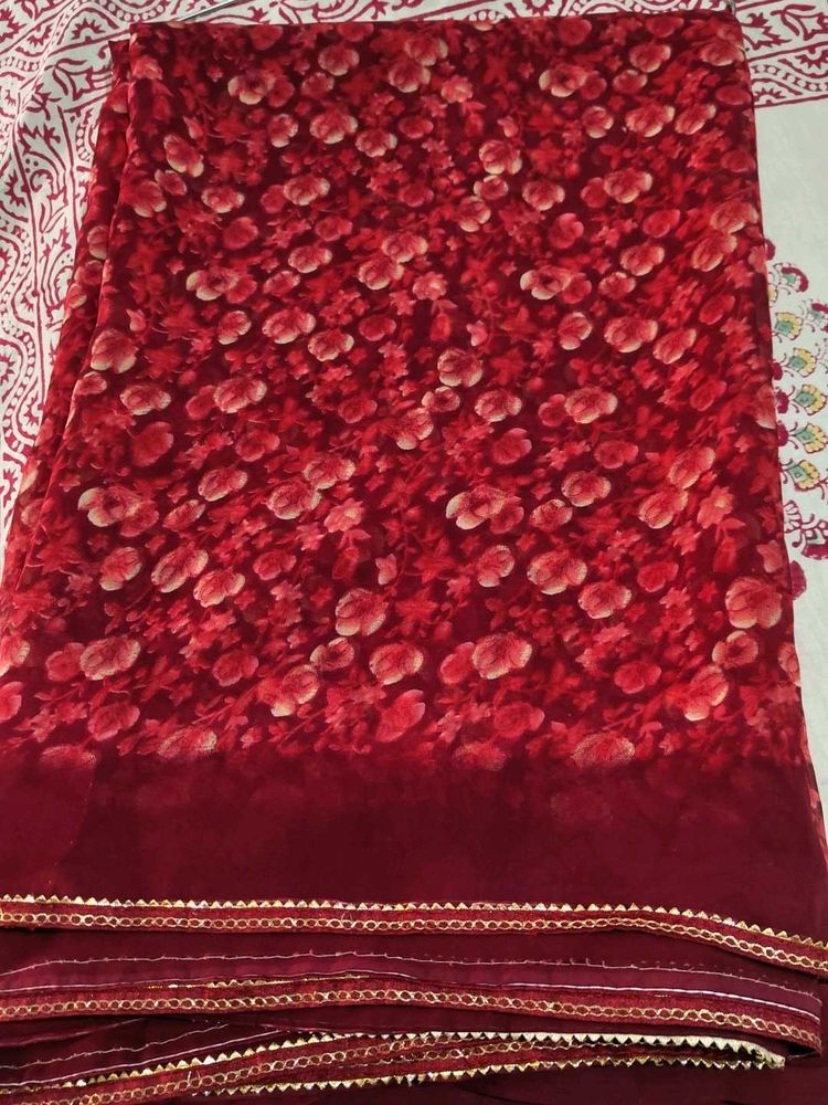 Elegant Floral Print Red Saree