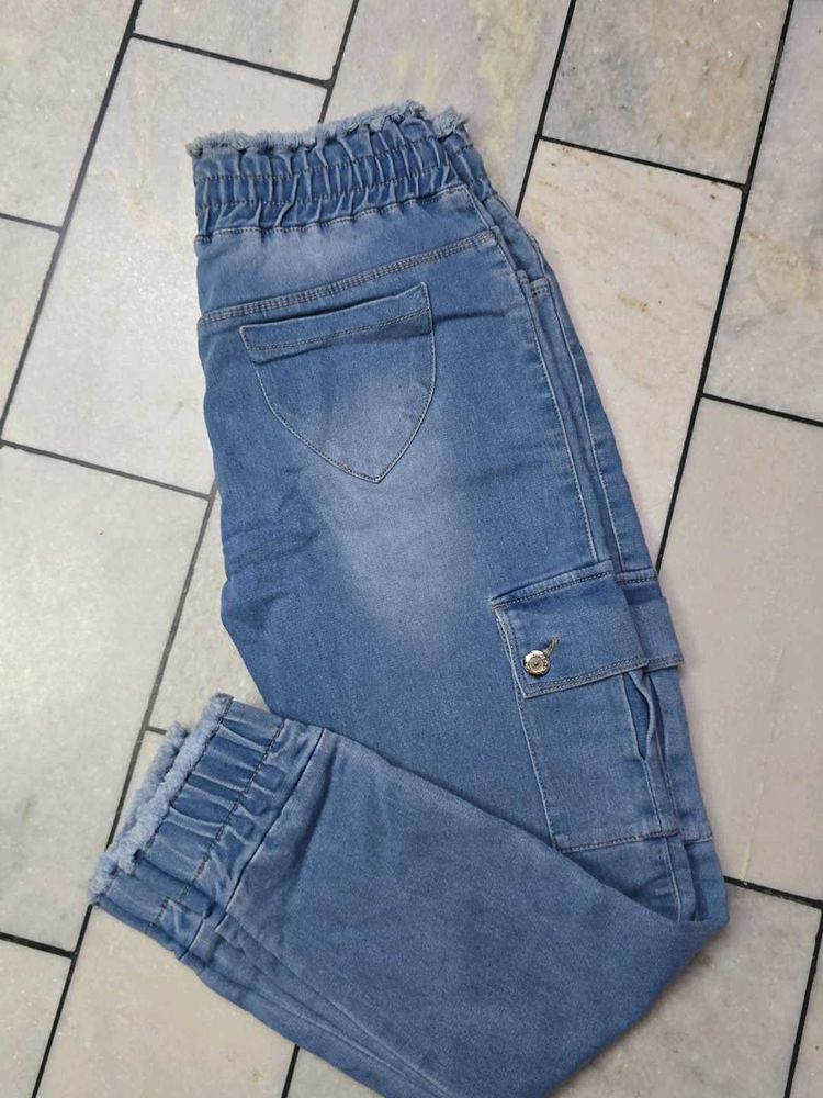Womens Light Wash Denim Cargo Pants