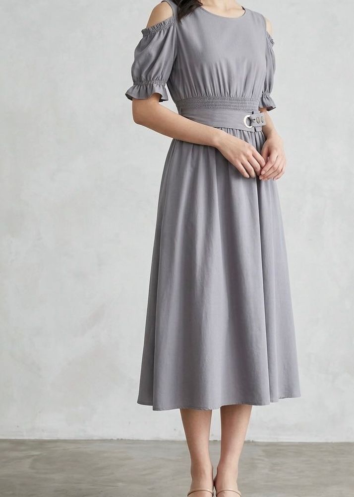 Grey Cold-Shoulder Midi Dress with Grommet Belt