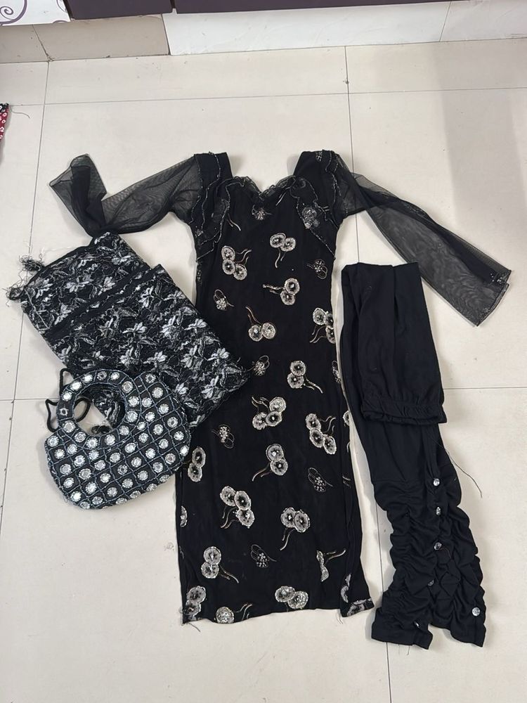 Black Embroidered Kurta Set with Bag