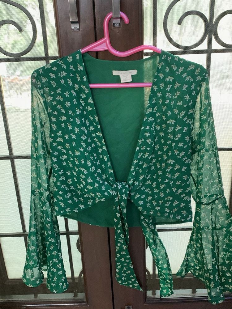 Green Floral Tie-Front Crop Top