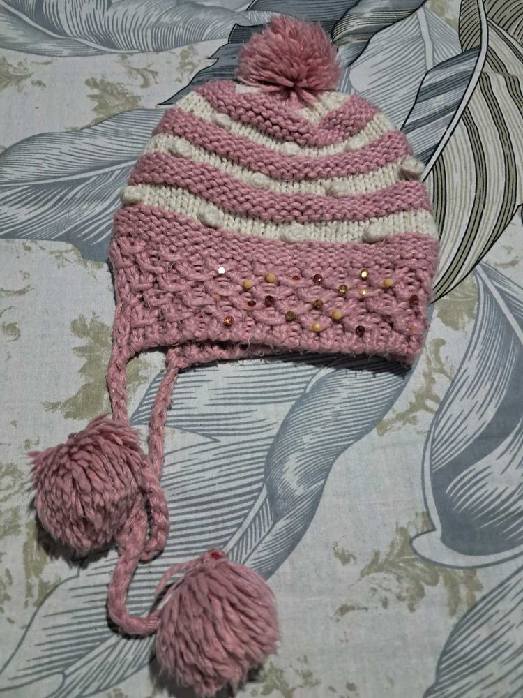 Cute Pink Striped Knit Beanie with Pom-Poms