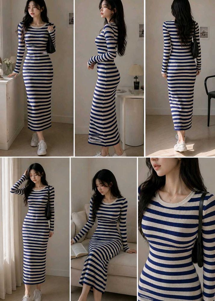 🤍💙Blue &amp; White Striped Knit Midi dress bodycon