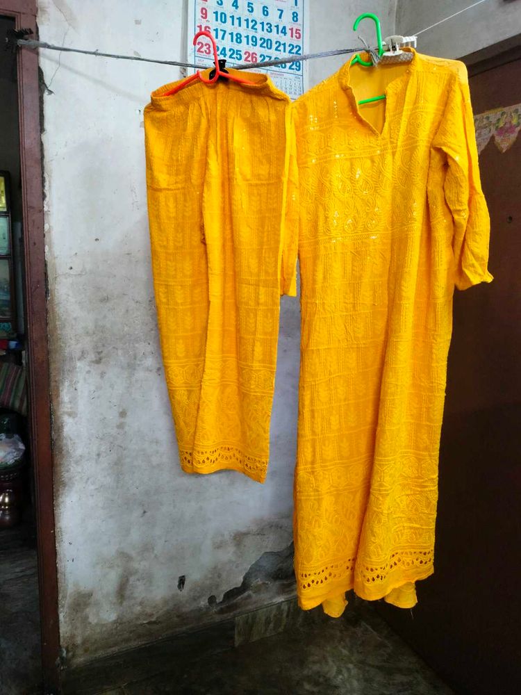 Yellow Chikankari Kurta Set.